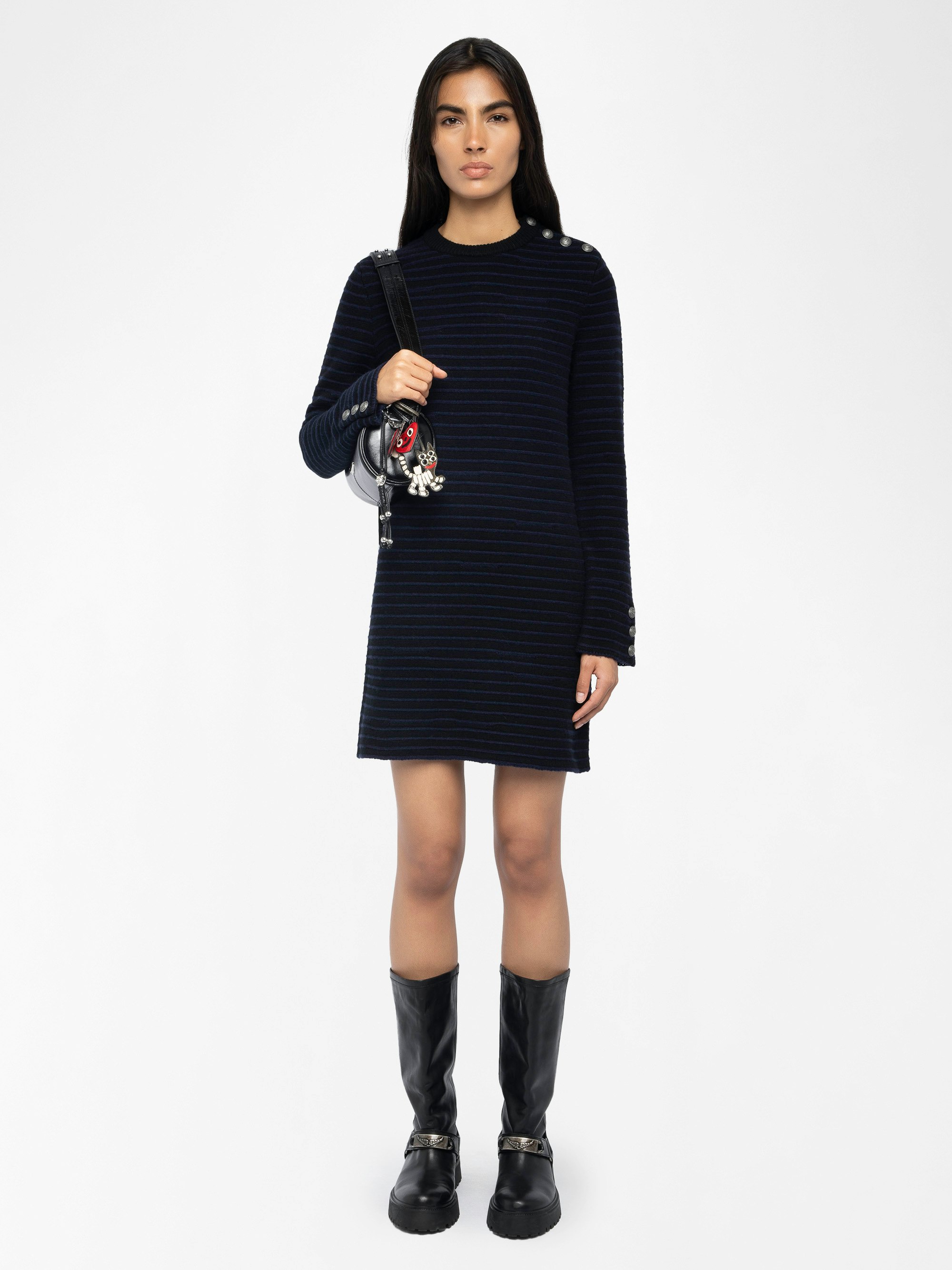 Maltyd Dress - Round neck long sleeve striped dress with buttons.