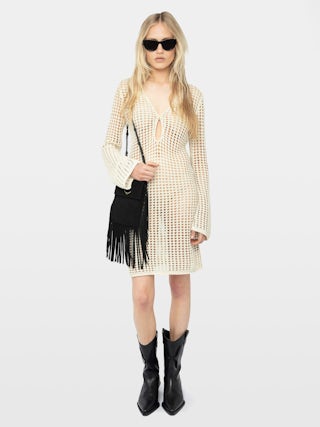Ranyra White Crochet Mini Dress - Crochet dress with long sleeves.