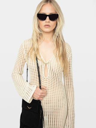 Ranyra White Crochet Mini Dress - Crochet dress with long sleeves.