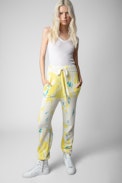 Hose Steevy Kaschmir - Damen-Kaschmirhose mit blau-gelbem Batikprint