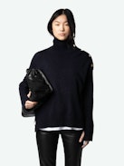 Alma Jewelled Cashmere Sweater - Navy blue cashmere sweater with funnel neck and gold star buttons with diamanté on the shoulder.