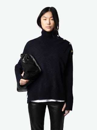 Alma Jewelled Cashmere Sweater - Navy blue cashmere sweater with funnel neck and gold star buttons with diamanté on the shoulder.