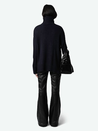 Alma Jewelled Cashmere Sweater - Navy blue cashmere sweater with funnel neck and gold star buttons with diamanté on the shoulder.