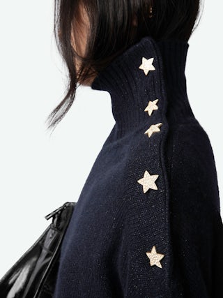 Alma Jewelled Cashmere Sweater - Navy blue cashmere sweater with funnel neck and gold star buttons with diamanté on the shoulder.