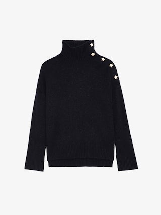 Alma Jewelled Cashmere Sweater - Navy blue cashmere sweater with funnel neck and gold star buttons with diamanté on the shoulder.