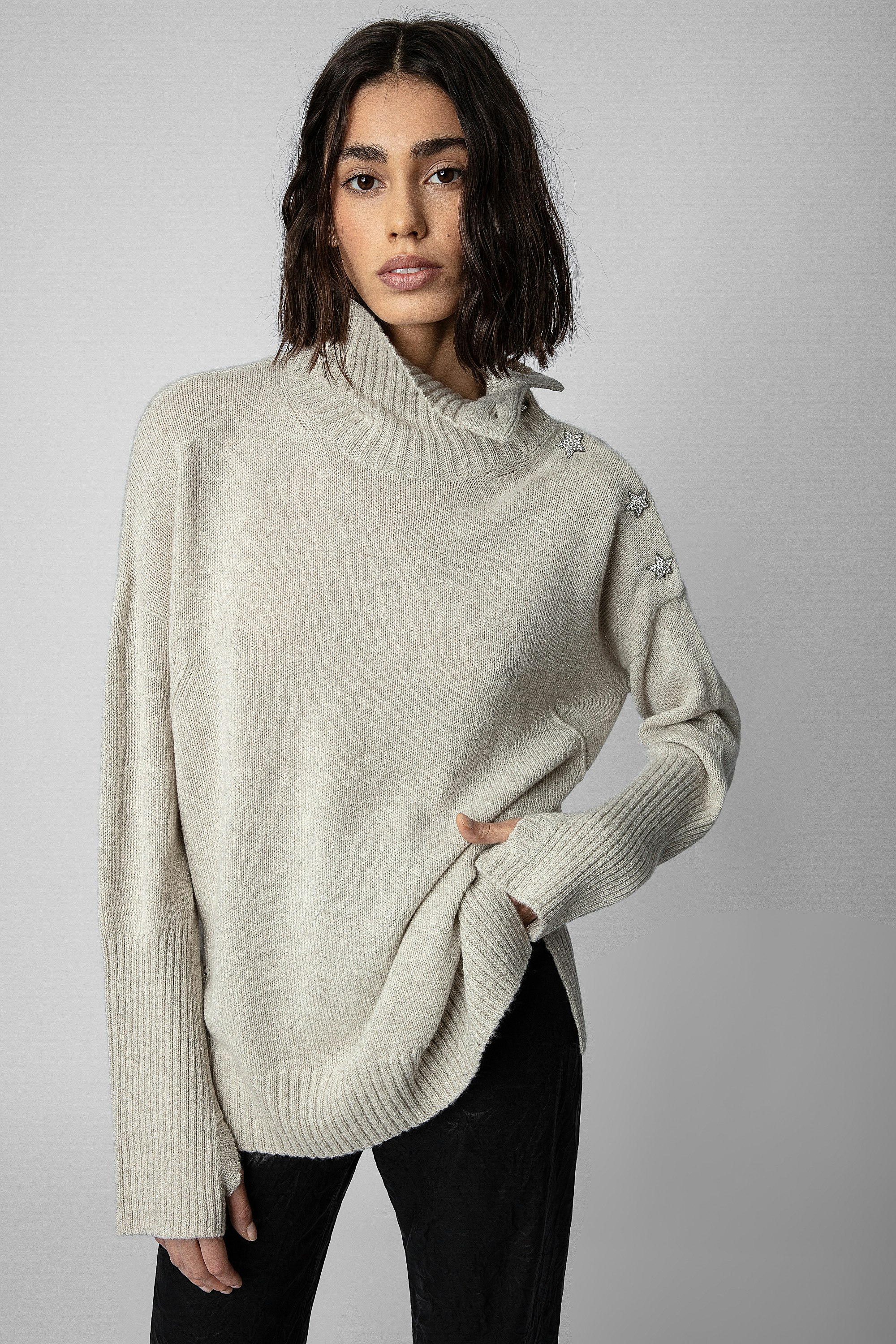 Alma Jewelled Jumper - Women’s cashmere jumper with high collar and jewelled buttons.