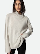 Pullover Alma - Damen-Kaschmirpullover mit Stehkragen und Schmuckknöpfen.