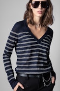 Missia Stripes Jumper - Women's glitter-striped merino wool jumper in blue