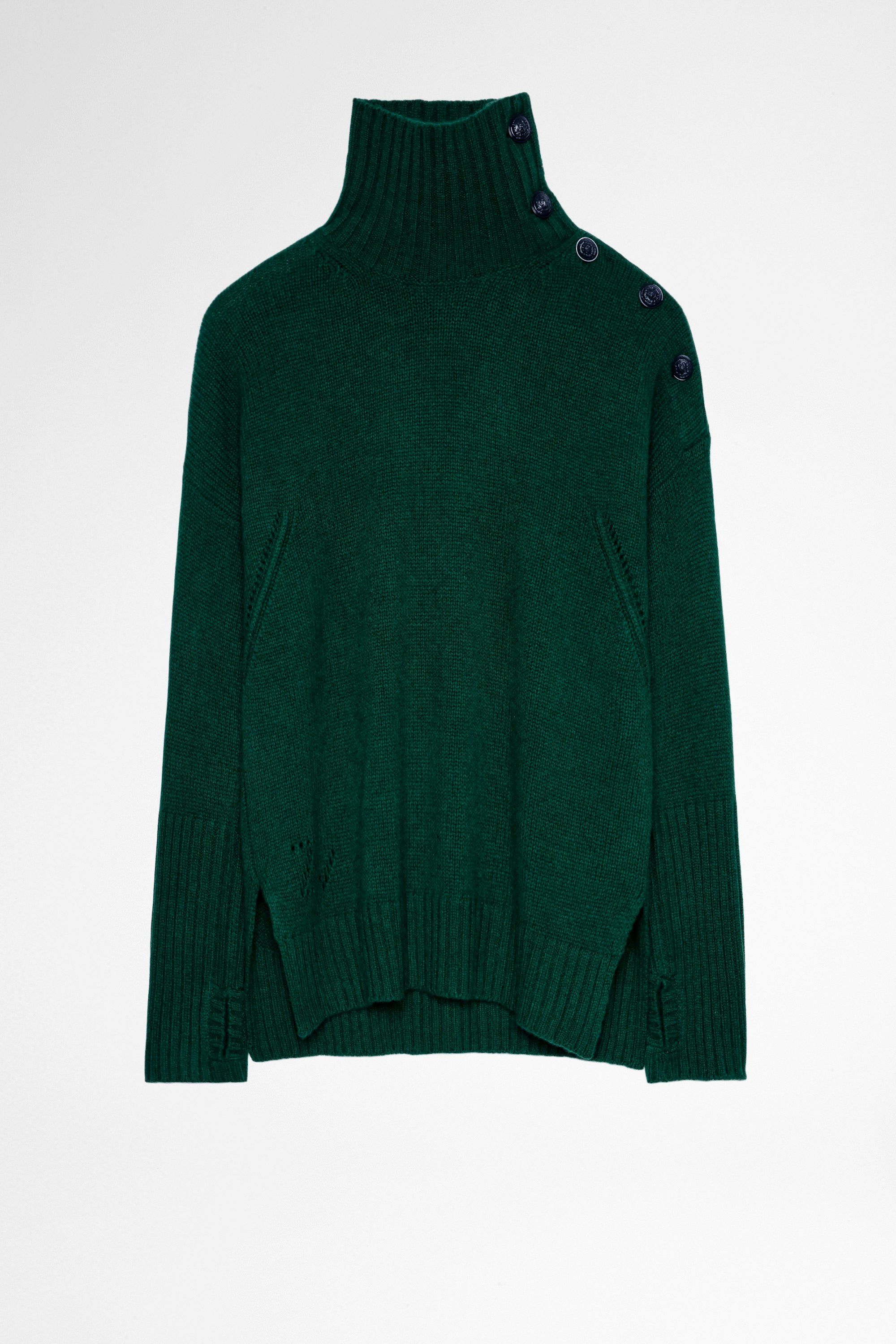 Alma Cashmere Jumper Green wool and cashmere turtleneck sweater with contrasting buttons  