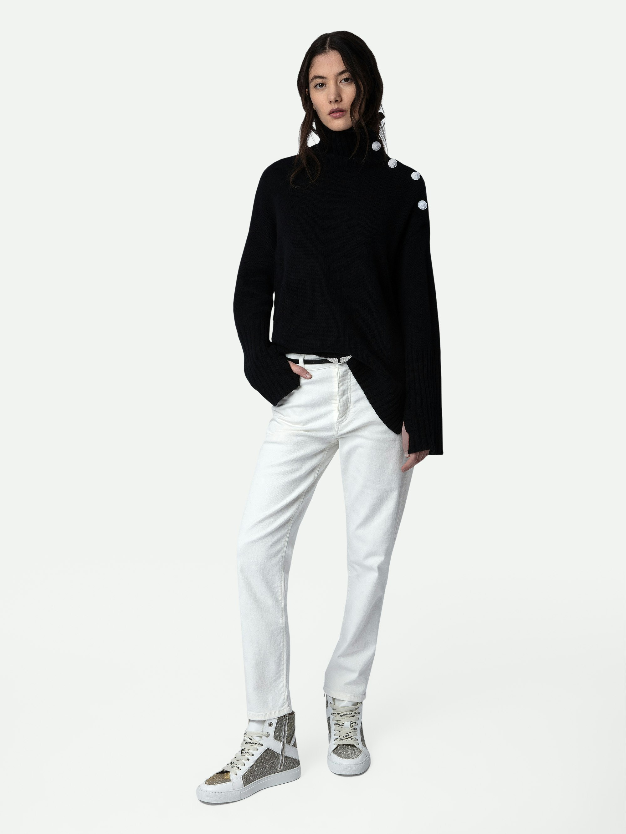 Alma Jumper 100% Cashmere - Women’s black 100% cashmere turtleneck jumper with button detailing