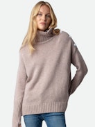 Maglione Alma 100% Cachemire - Maglione in 100% cachemire rosa pallido con collo alto, maniche lunghe e bottoni sulla spalla.