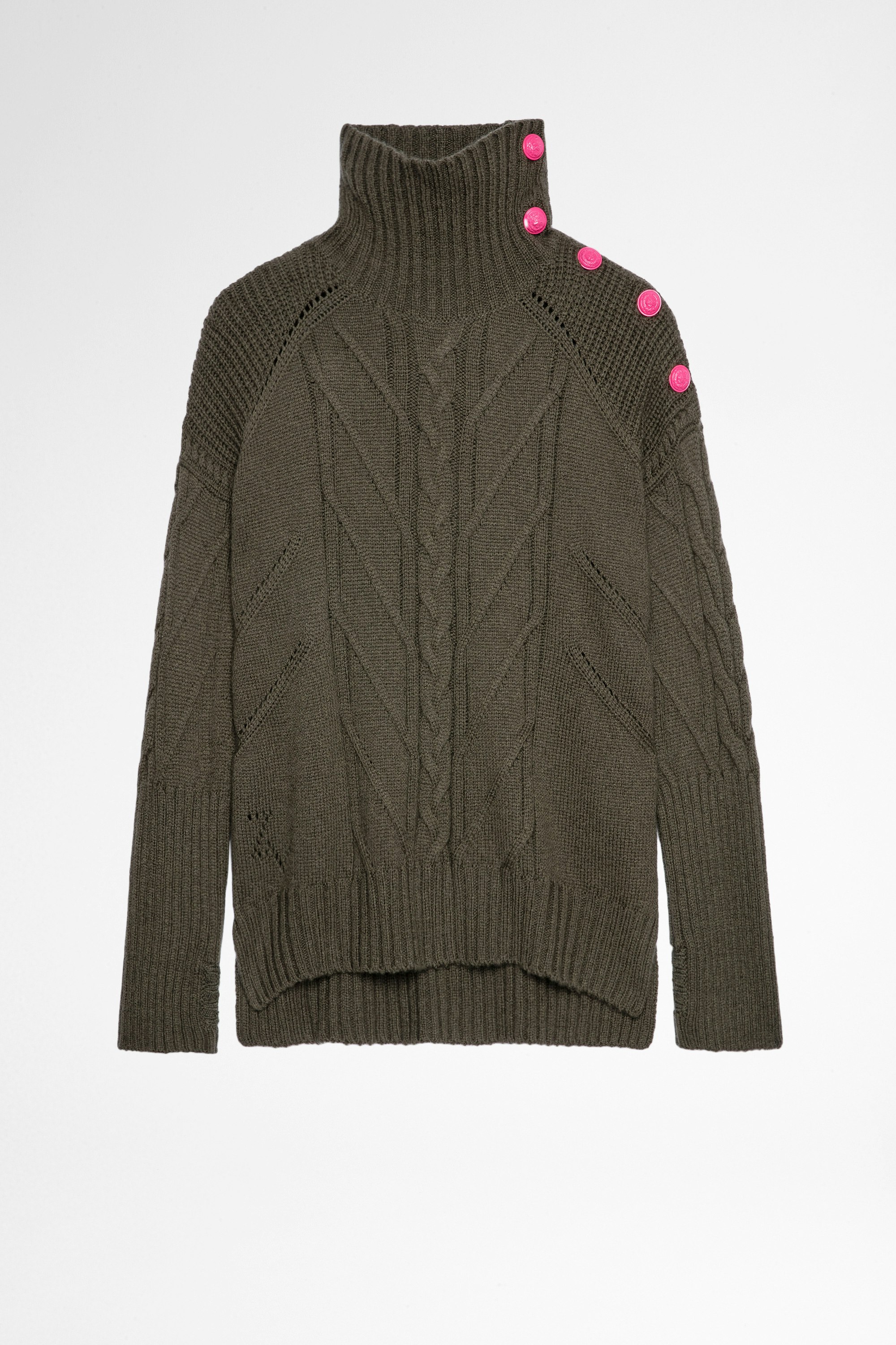 Maglione Alma Cashmere Maglia in lana e cashmere color kaki con collo alto e bottoni a contrasto