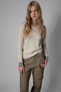 Tacy Sweater Cashmere - Women's pink cashmere sweater with contrasting cuffs
