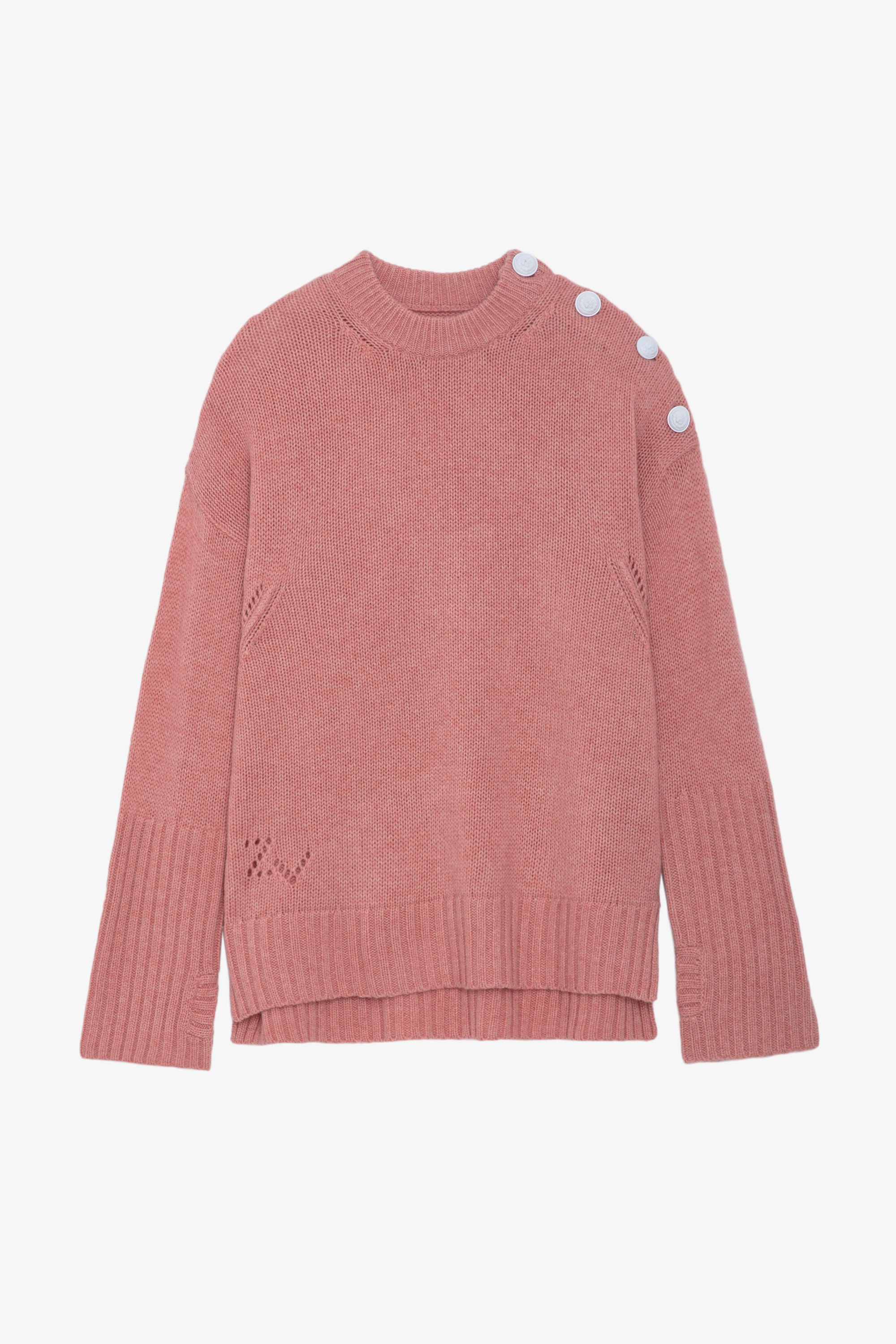 Malta Cashmere Jumper - Pink cashmere round-neck jumper with long sleeves and buttons on the shoulder.