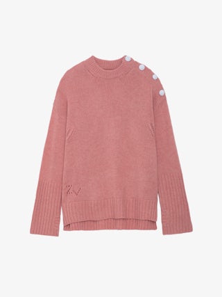 Pull Malta 100% Cachemire - Pull en 100% cachemire rose à col rond, manches longues et boutons sur l'épaule.