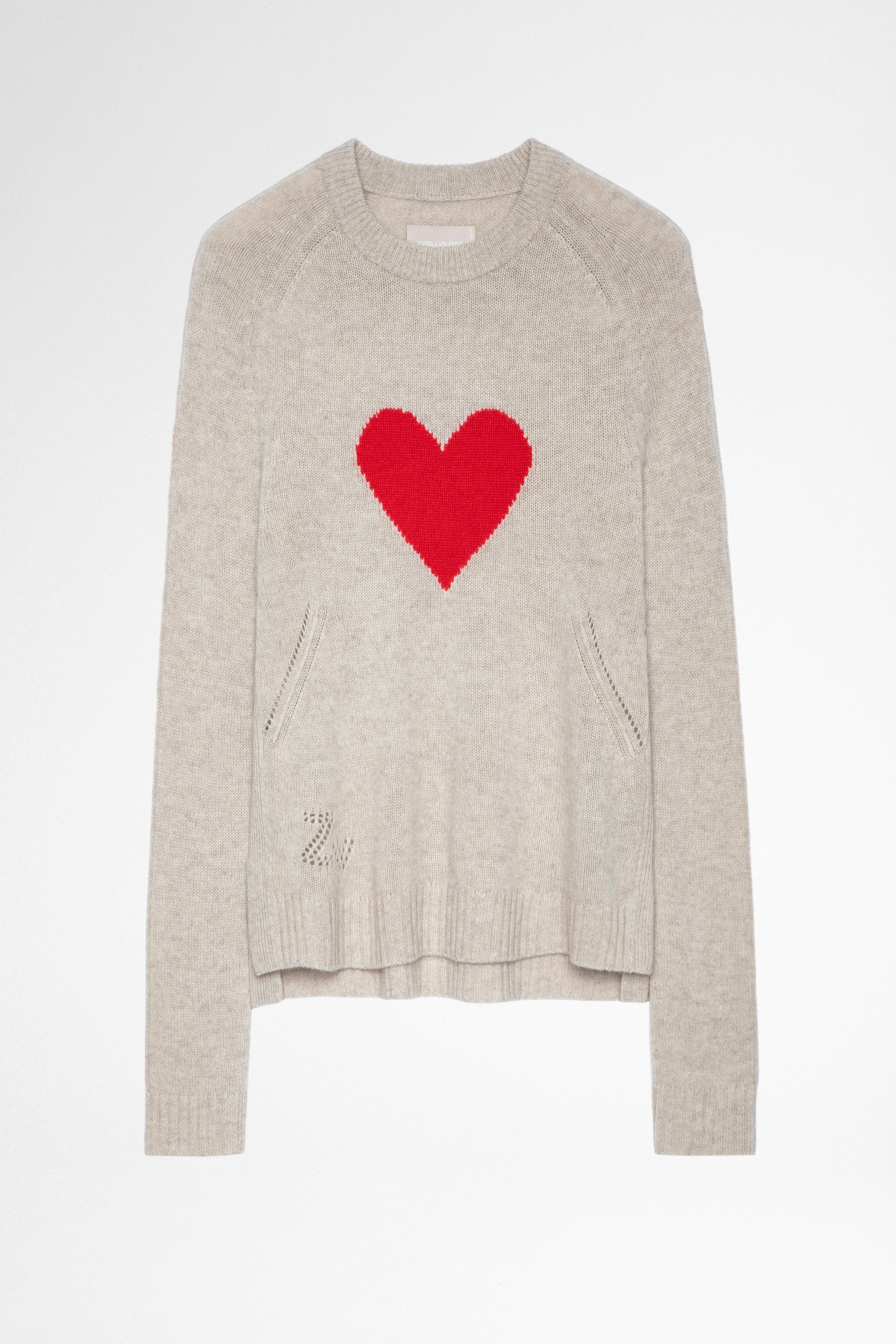 Lili Heart Sweater Cashmere Women's beige cashmere sweater with heart print