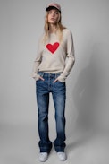 Lili Heart Sweater Cashmere - Women's beige cashmere sweater with heart print