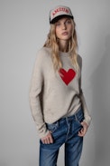 Lili Heart Sweater Cashmere - Women's beige cashmere sweater with heart print