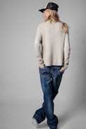 Lili Heart Sweater Cashmere - Women's beige cashmere sweater with heart print