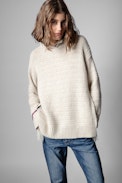 Maglione Cassidy Cashmere - Maglione lungo in maglia beige con frange donna
