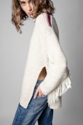 Maglione Cassidy Cashmere - Maglione lungo in maglia beige con frange donna