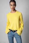 Livia Jumper - Women's yellow cotton jumper with wide, long sleeves