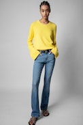 Livia Jumper - Women's yellow cotton jumper with wide, long sleeves