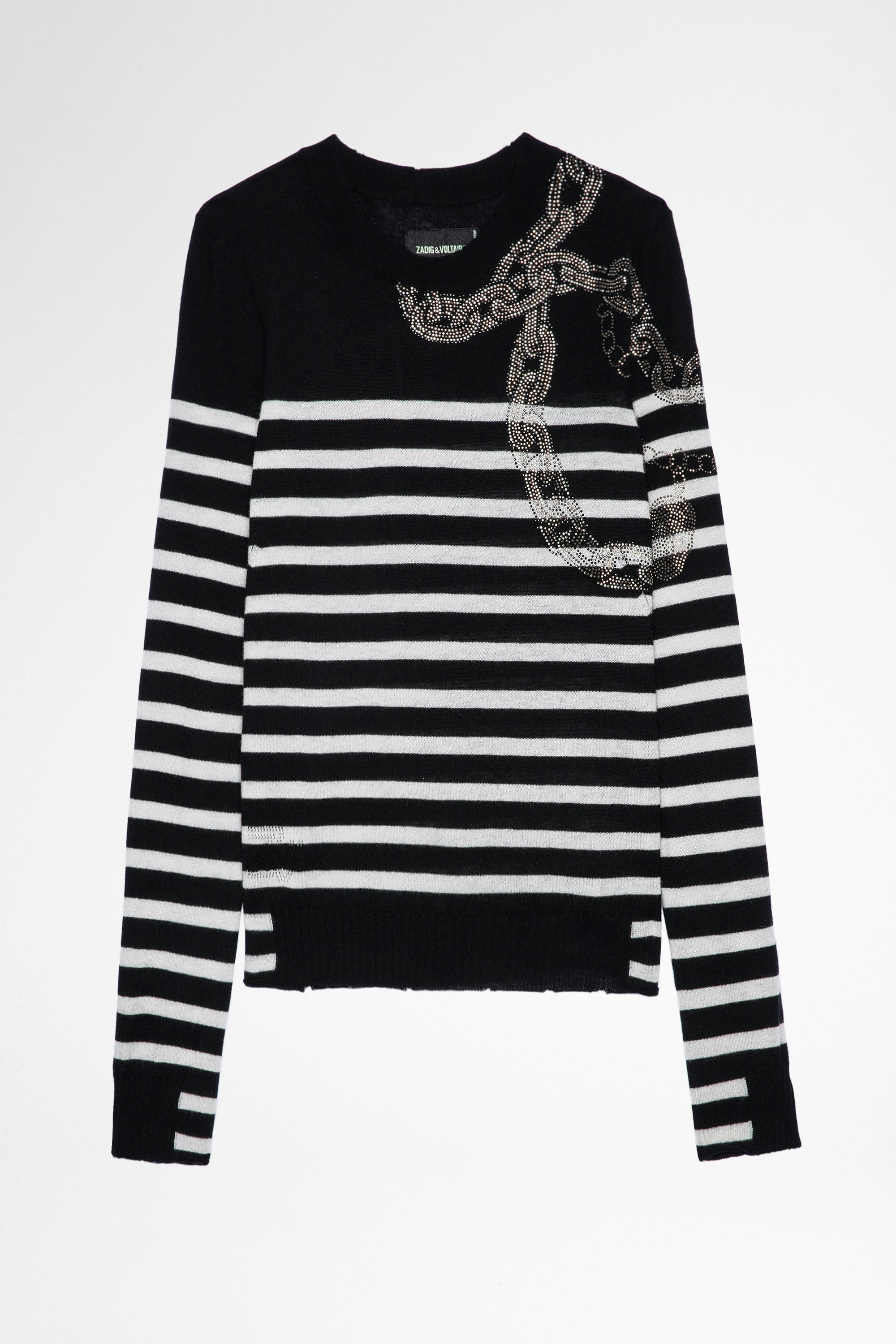 Pullover Source Damen-Pullover aus schwarzem Kaschmir mit Streifen und Strass