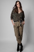 Brume Cashmere Jumper - Women's khaki cashmere jumper with leopard print