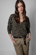 Brume Cashmere Jumper - Women's khaki cashmere jumper with leopard print