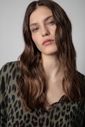 Brume Cashmere Jumper - Women's khaki cashmere jumper with leopard print