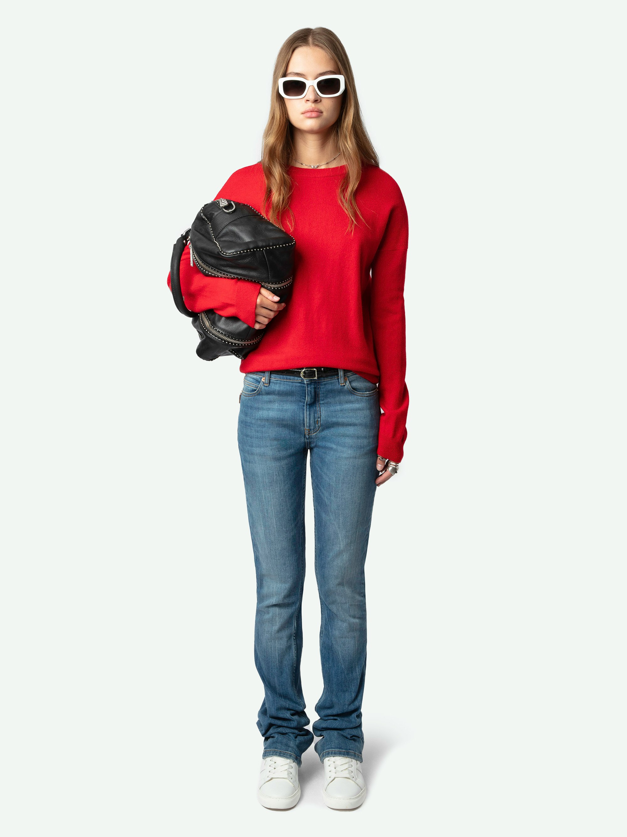 Cici Patch Cashmere Sweater - Long-sleeved red cashmere sweater with metallic star patches embroidered on the elbows.