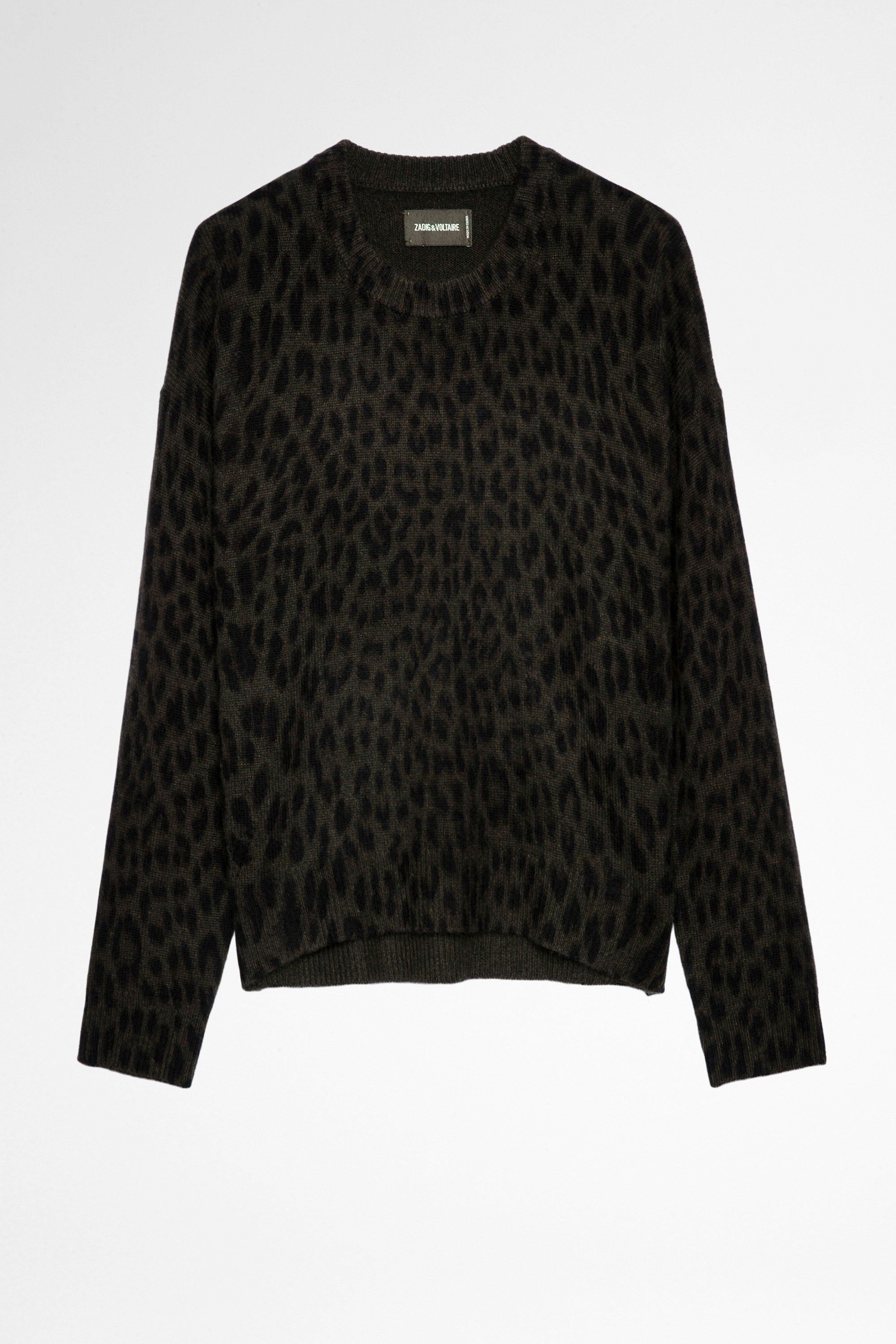 Markus Leo カシミヤスウェット Women’s khaki cashmere sweater with leopard print