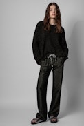 Markus Leo Sweater Cashmere - Women’s khaki cashmere sweater with leopard print