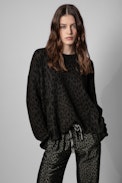 Markus Leo Sweater Cashmere - Women’s khaki cashmere sweater with leopard print