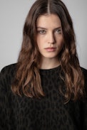 Markus Leo Sweater Cashmere - Women’s khaki cashmere sweater with leopard print