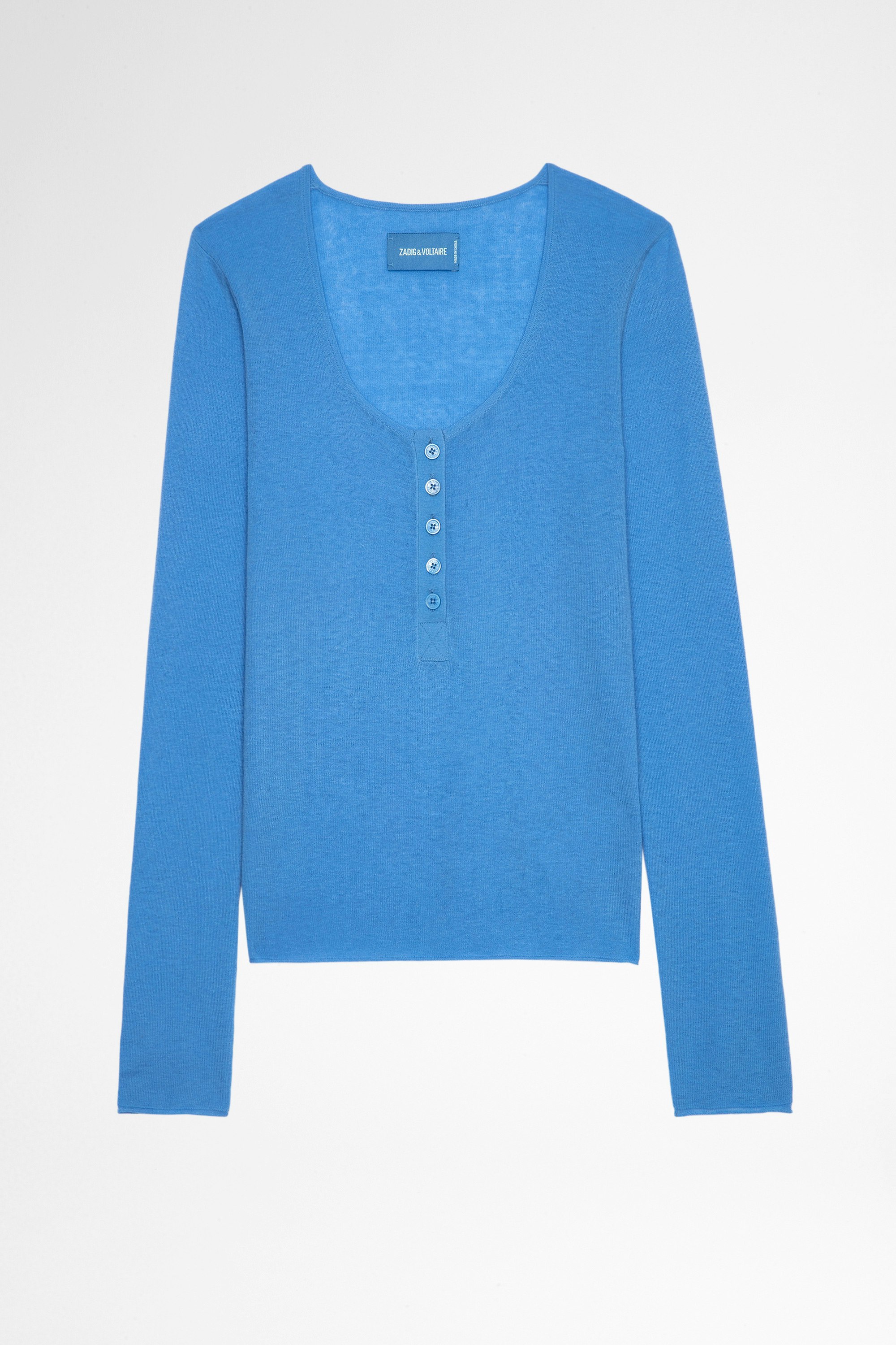Jersey Mila Jersey azul de punto fino con mangas largas y cuello con botones para mujer