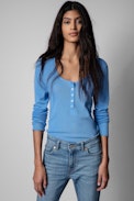 Mila Jumper - Women's fine knit jumper with button-down collar and long sleeves in blue