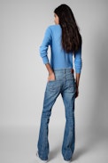 Mila Jumper - Women's fine knit jumper with button-down collar and long sleeves in blue