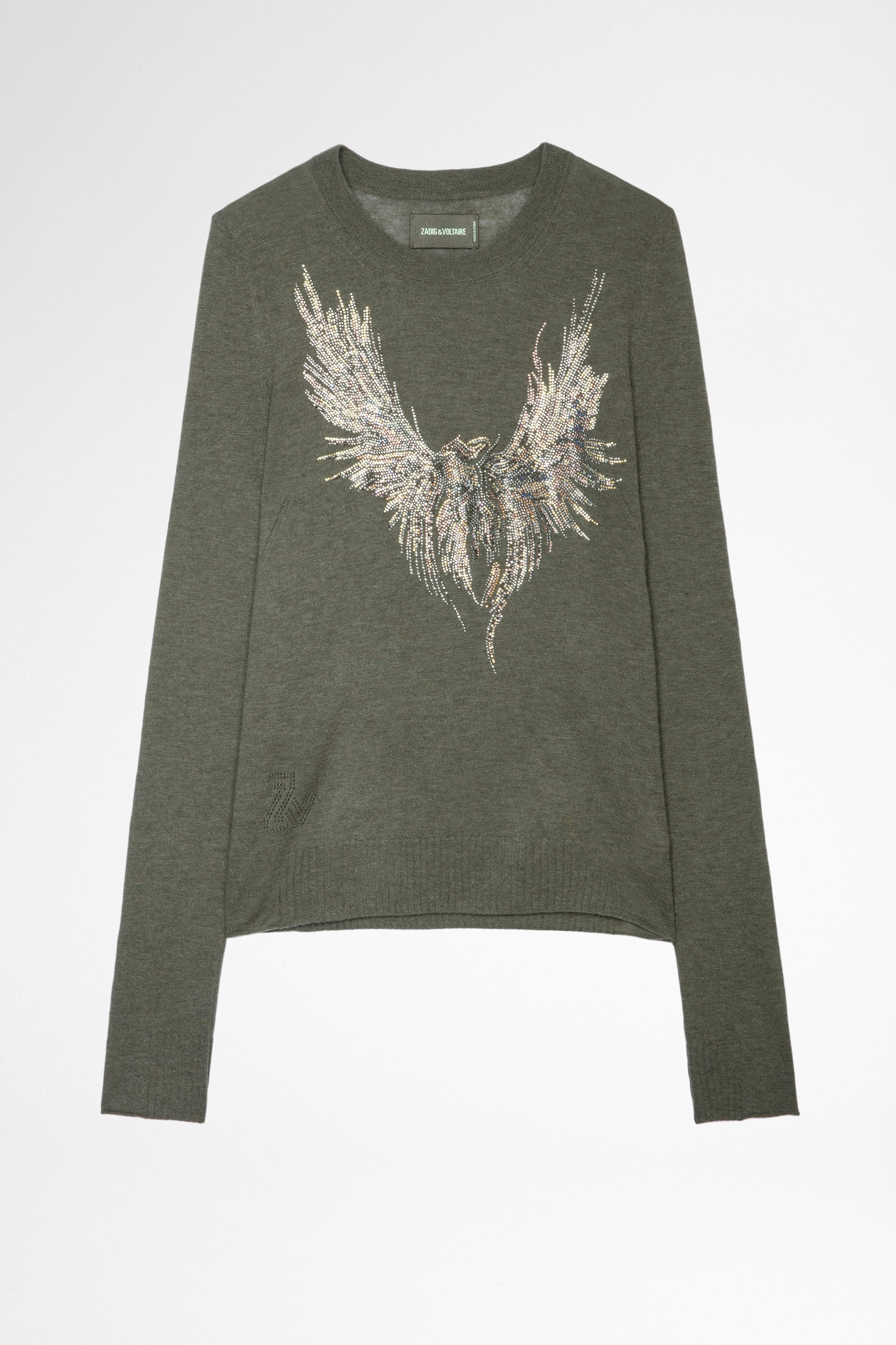 Miss Cashmere Jumper Strass Women's khaki cashmere jumper with crystal wings