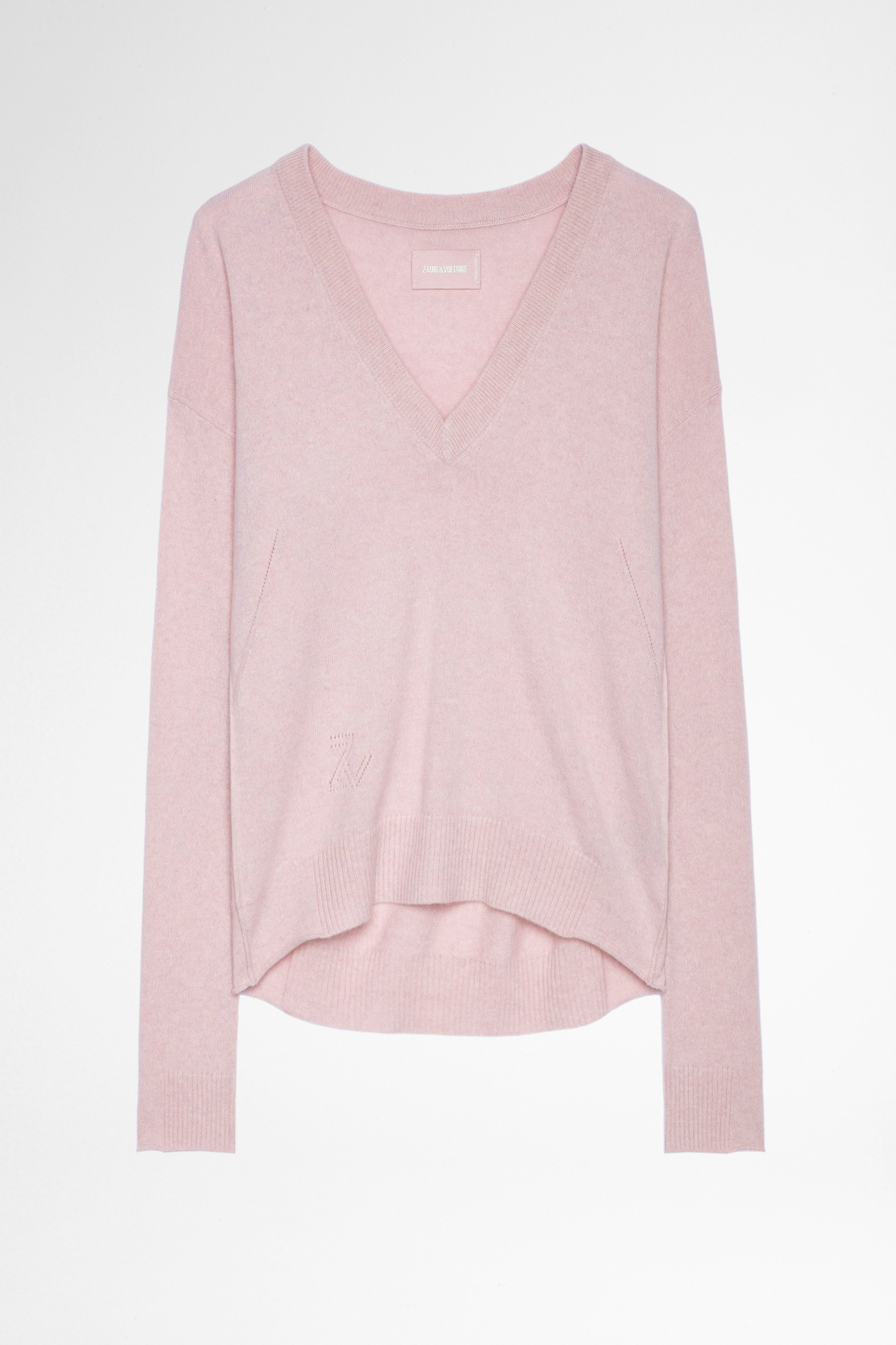 Vivi Patch Cashmere Jumper  Women's pink cashmere sweater with lightning bolt patch on the elbows 