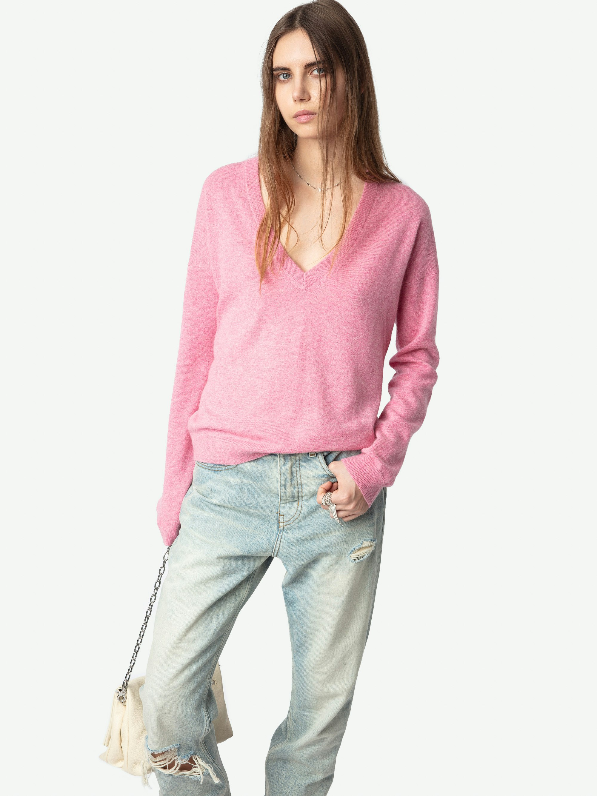 Vivi Patch Cashmere Sweater - Long-sleeved V-neck sweater with star patches on the elbows.