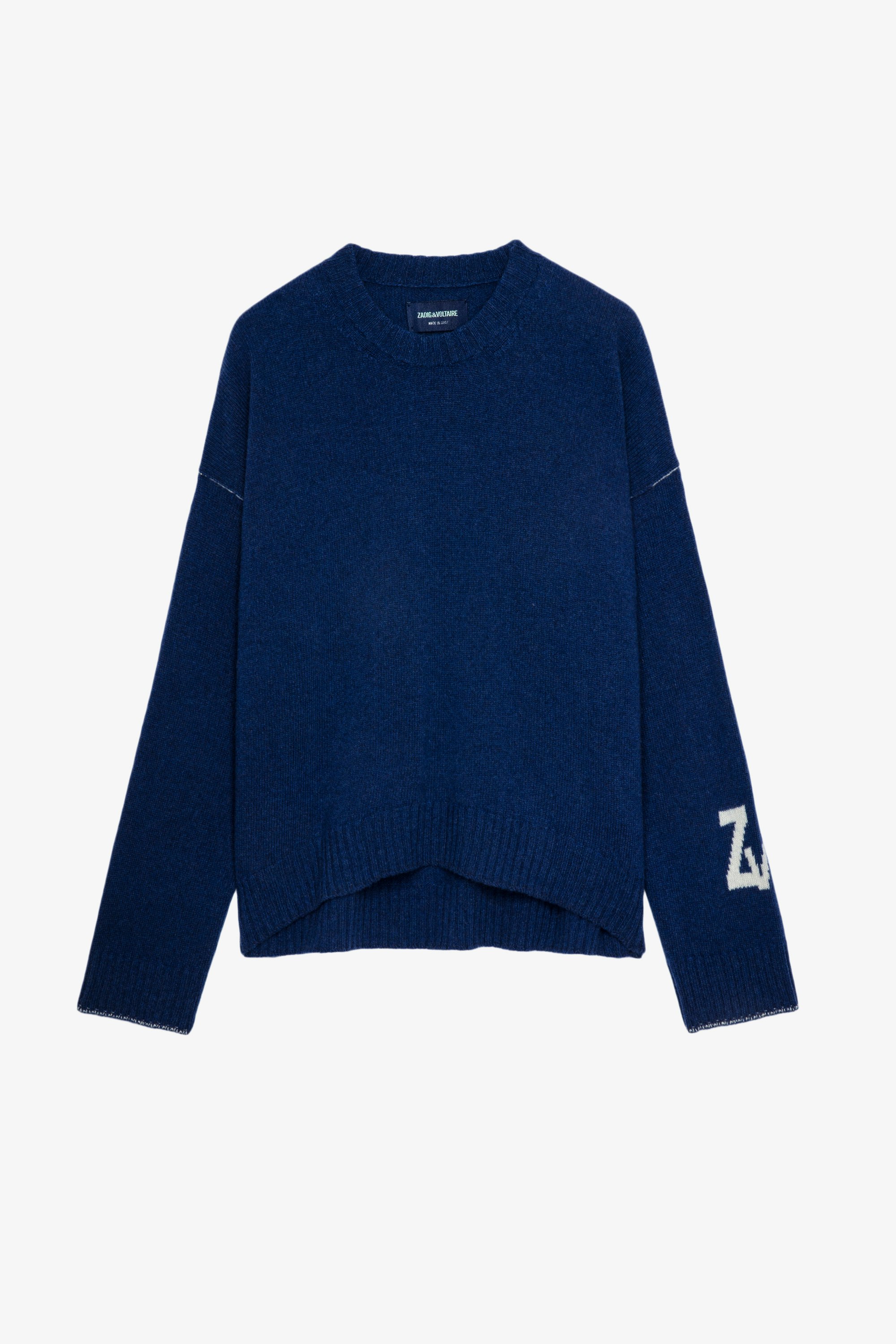 Pullover Markus Damenpullover aus blauem Strick mit ZV-Signatur auf dem Ärmel