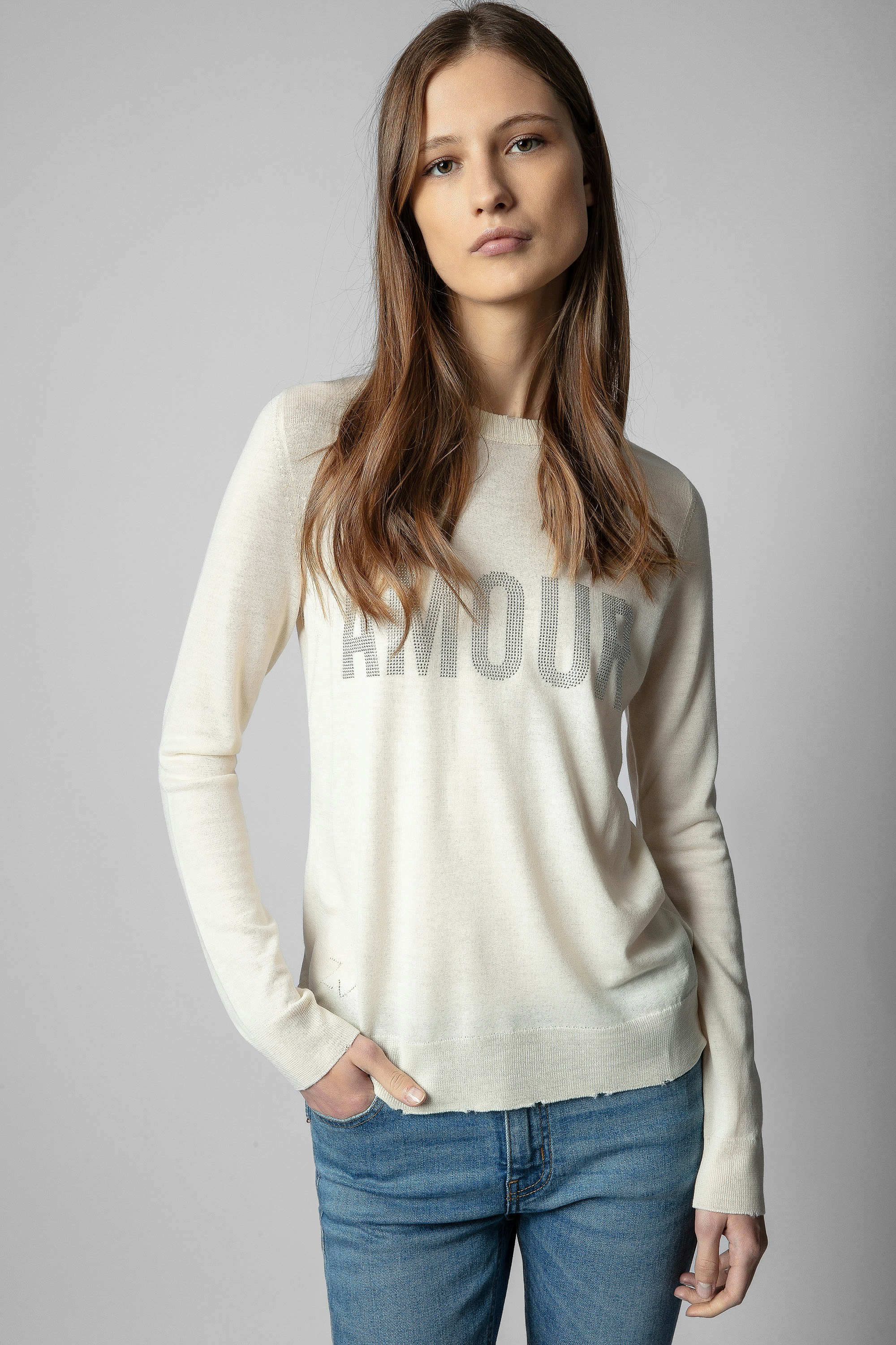 Miss Amour Strass Sweater - Women's cream sweater with rhinestone "AMOUR" on front.