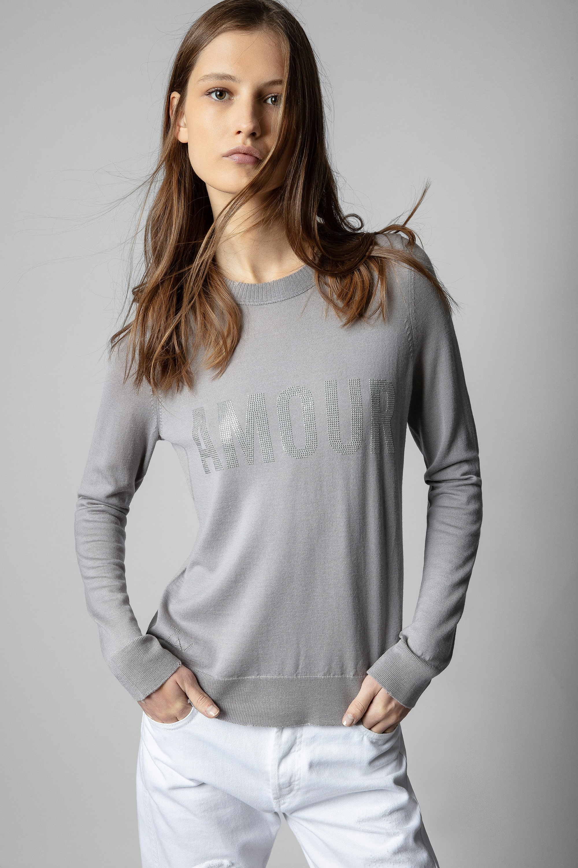 Miss Amour Strass Sweater - Women's grey sweater with rhinestone "AMOUR" on front.