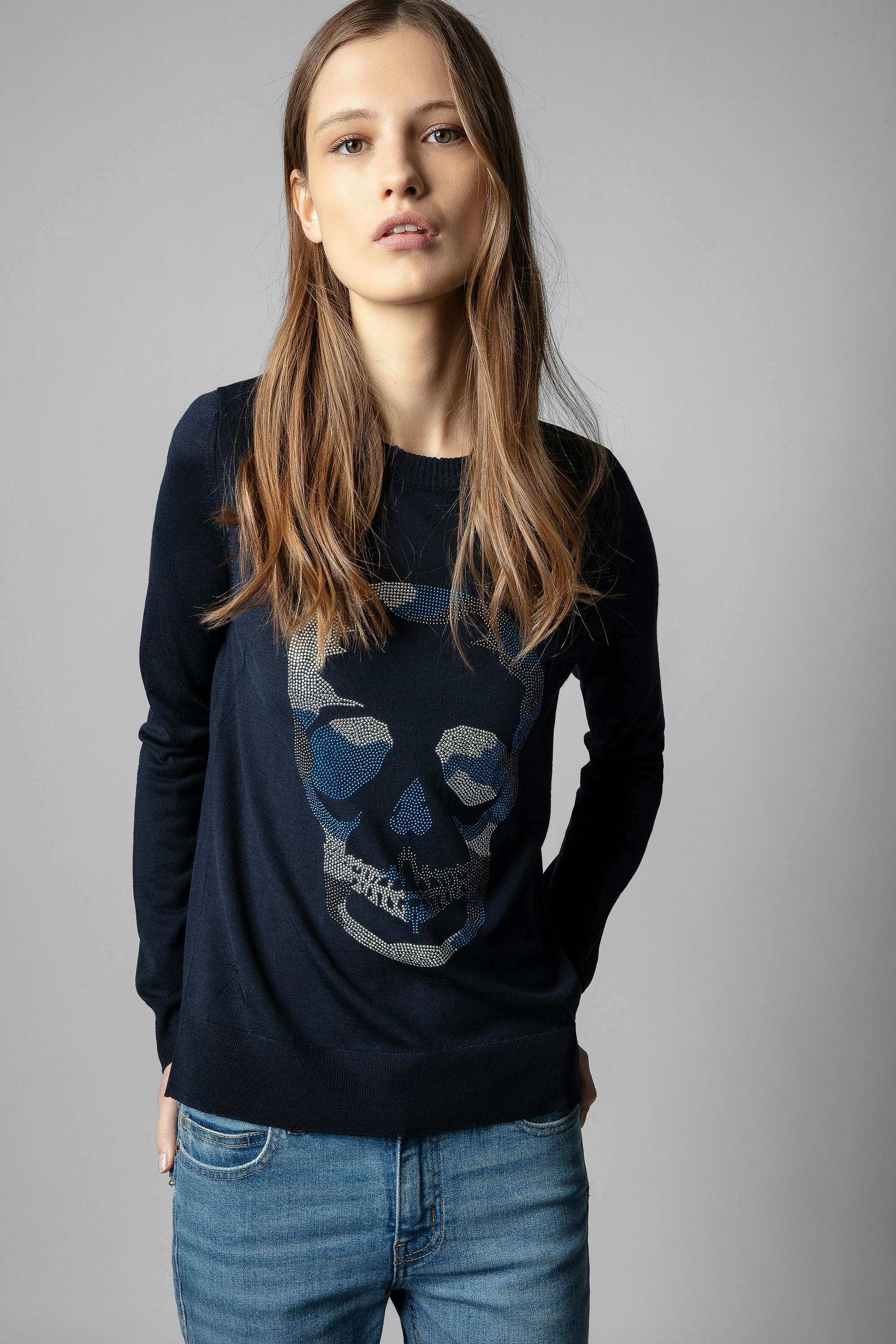 Miss Camo Skull Strass Sweater - Women's navy blue sweater with rhinestone skull on front.