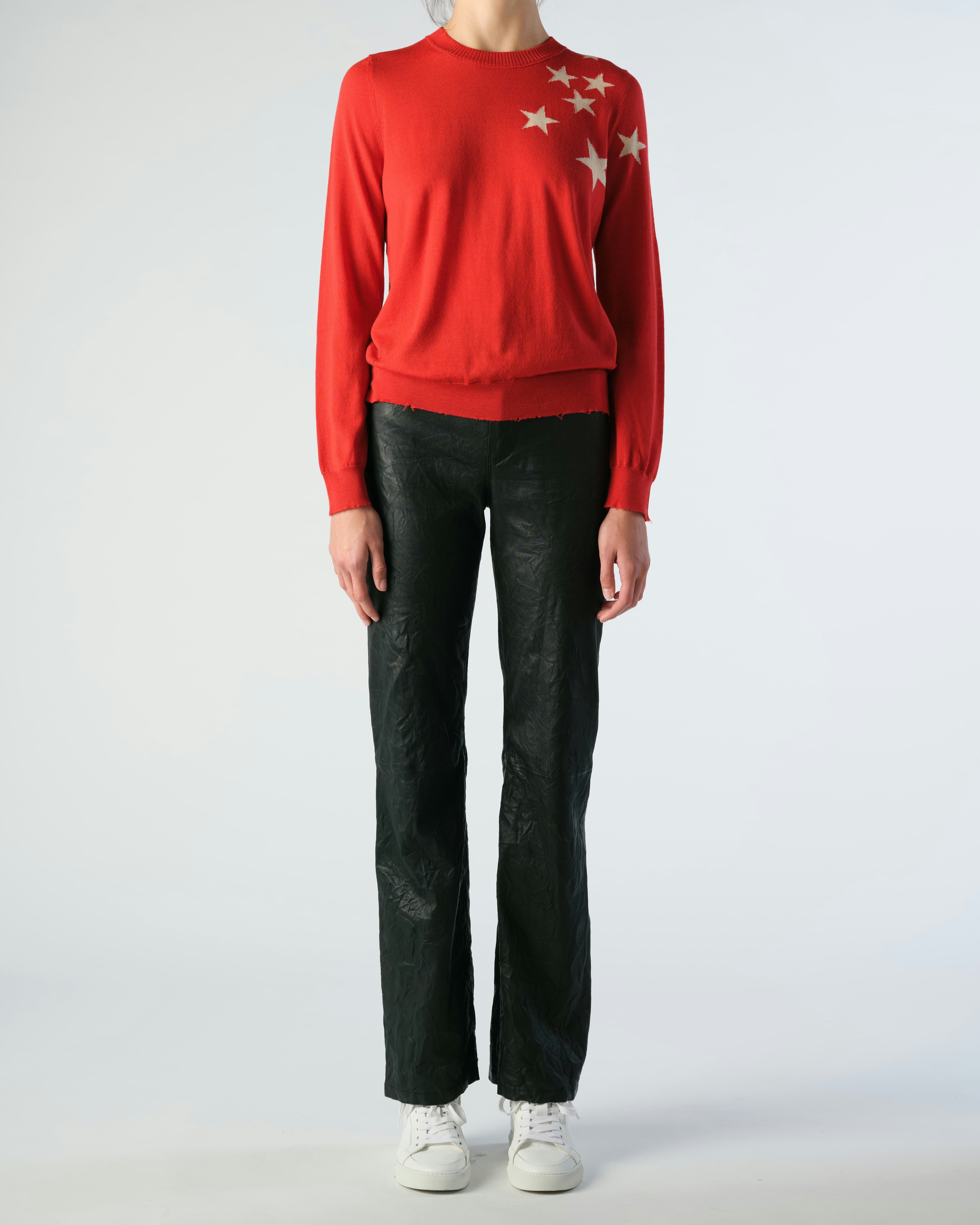 Miss Star Sweater - Women's red sweater with contrasting stars on shoulder.