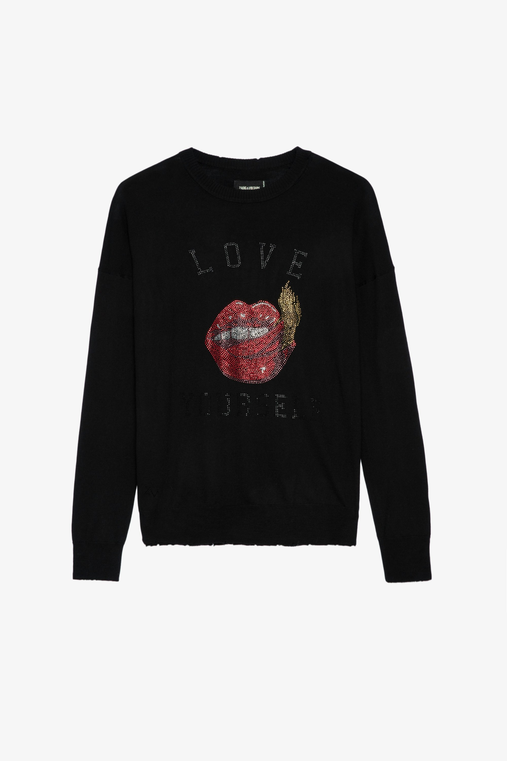 Gaby Love Yourself Strass Sweater - Women's black sweater with rhinestone "LOVE YOURSELF" and lips.