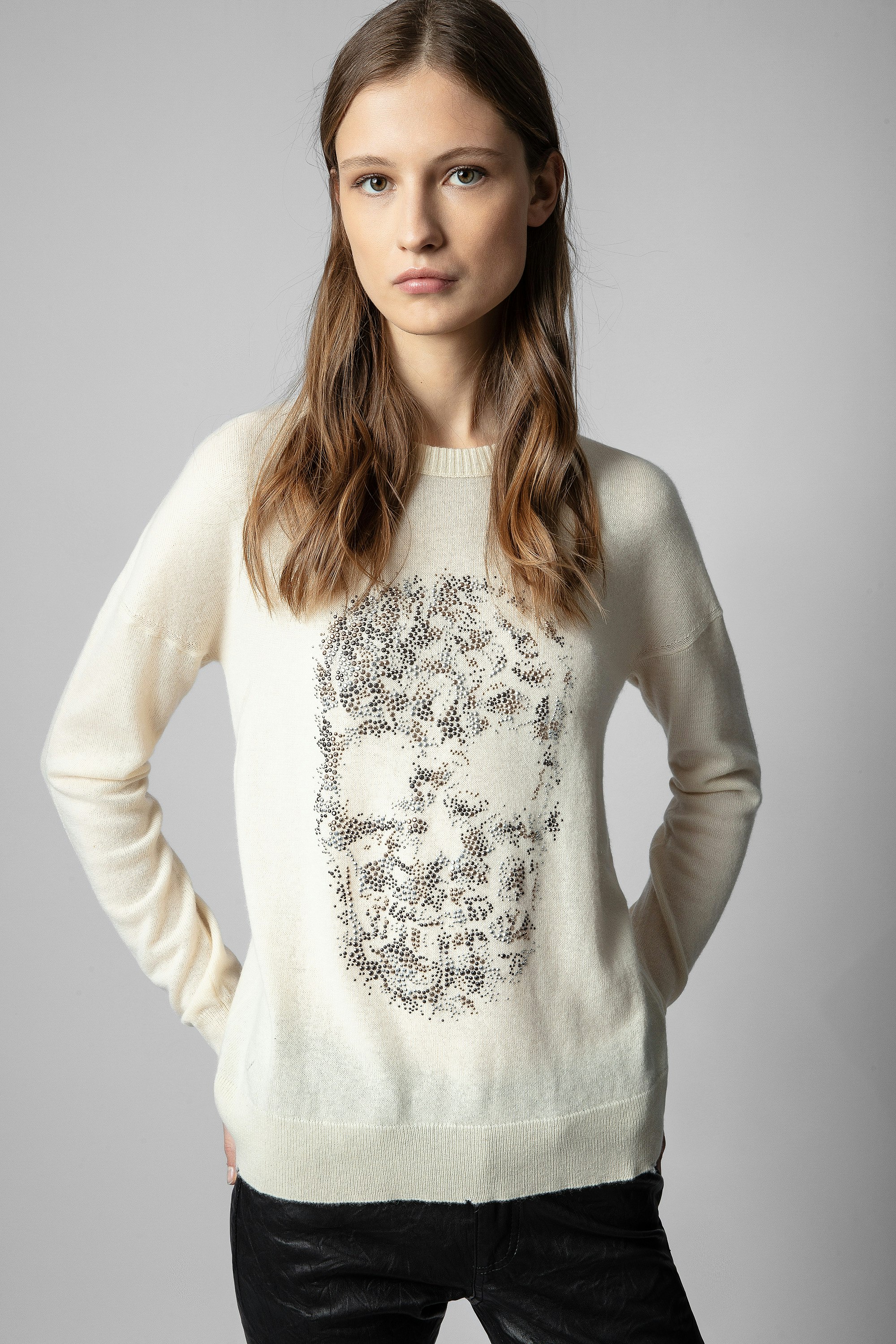 Gaby Skull Strass Sweater - Women's cream sweater with rhinestone skull on front.