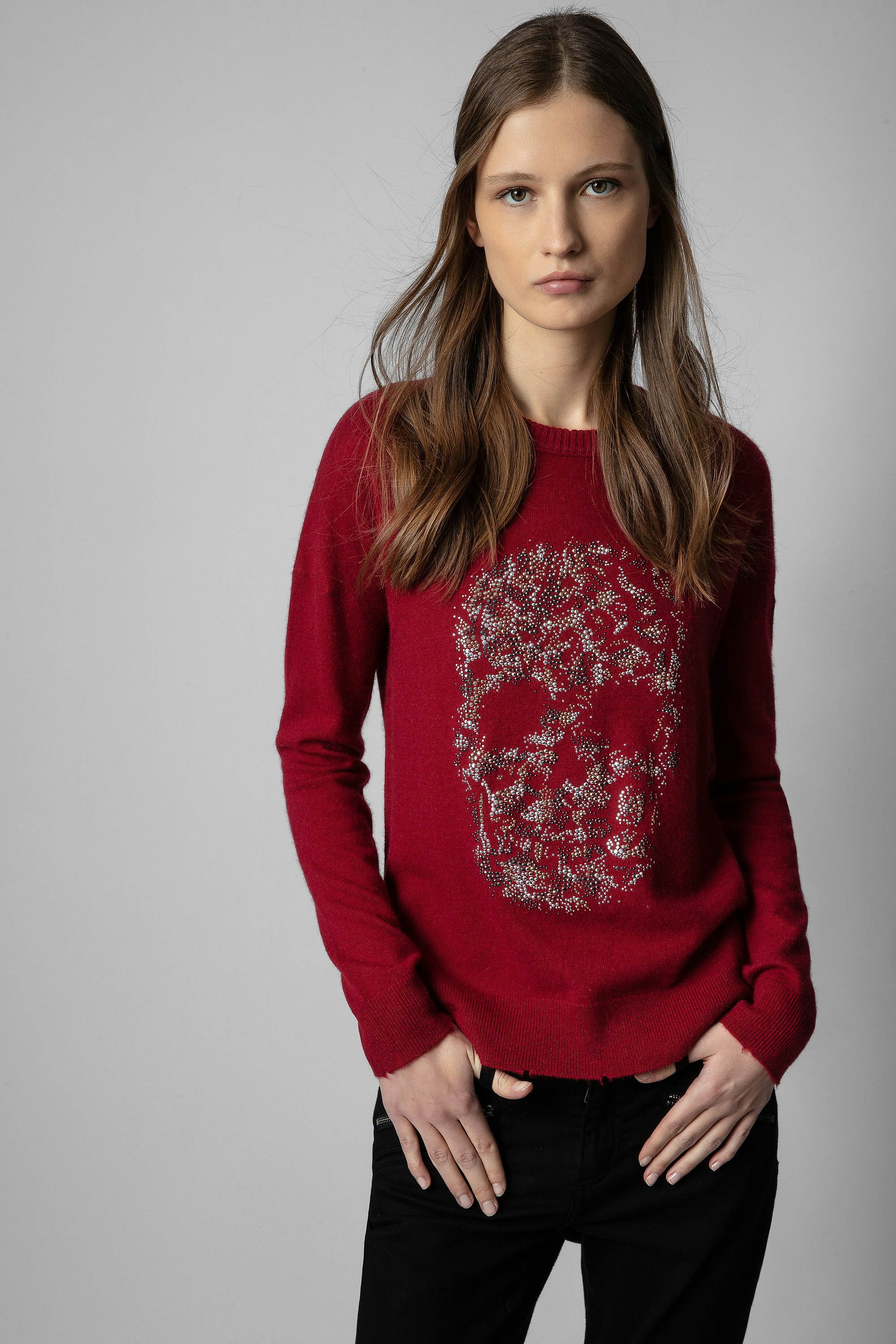 Gaby Skull Strass Sweater - Women's wine red sweater with rhinestone skull on front.